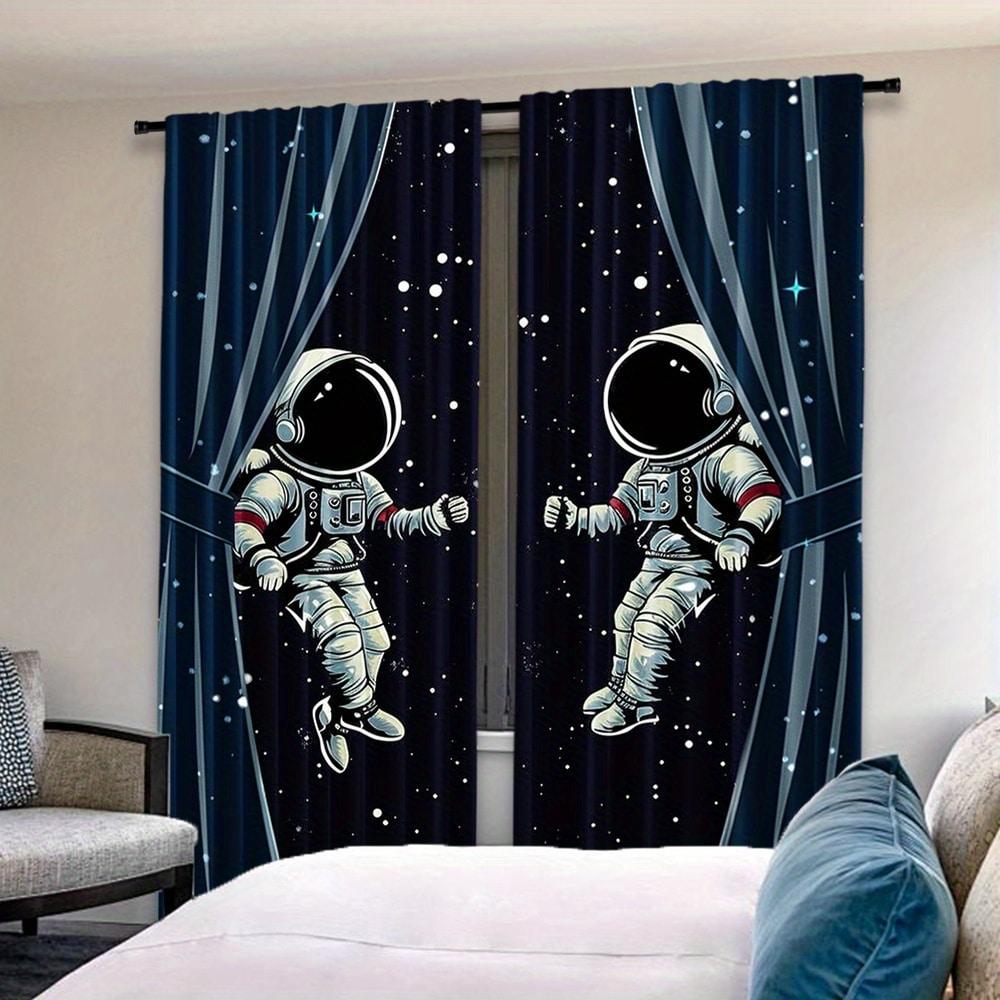 2pcs Astronaut Blackout Curtains   Suitable For Bedroom & Living Room - Modern Polyester Rod Pocket Curtains - Semi-Sheer