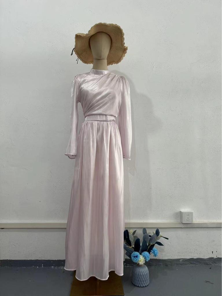 2025 European & American Style Women's Long White High-Neck Waist-Cinching Half-Sleeve Dress