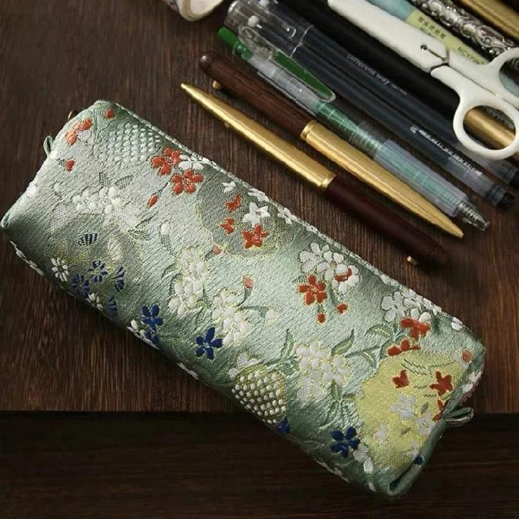 Flower Embroidered Pen Pouches Large Capacity Cotton Linen Pencil Case Zippered Closure for School Office Accessory