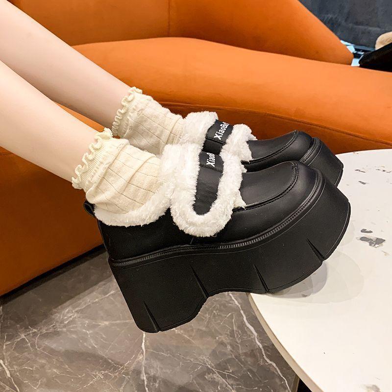European Station 8cm Thick-soled Plush Cotton Shoes Women's 2025 Winter New Small Inner Height Increase Muffin Ice Shoes