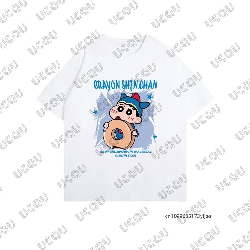 MINISO Summer Cute Cartoon Crayon Shin-chan & Sakurada Nini Print Couple T-shirt For Men Women Cotton Tees Casual Fashion Tops