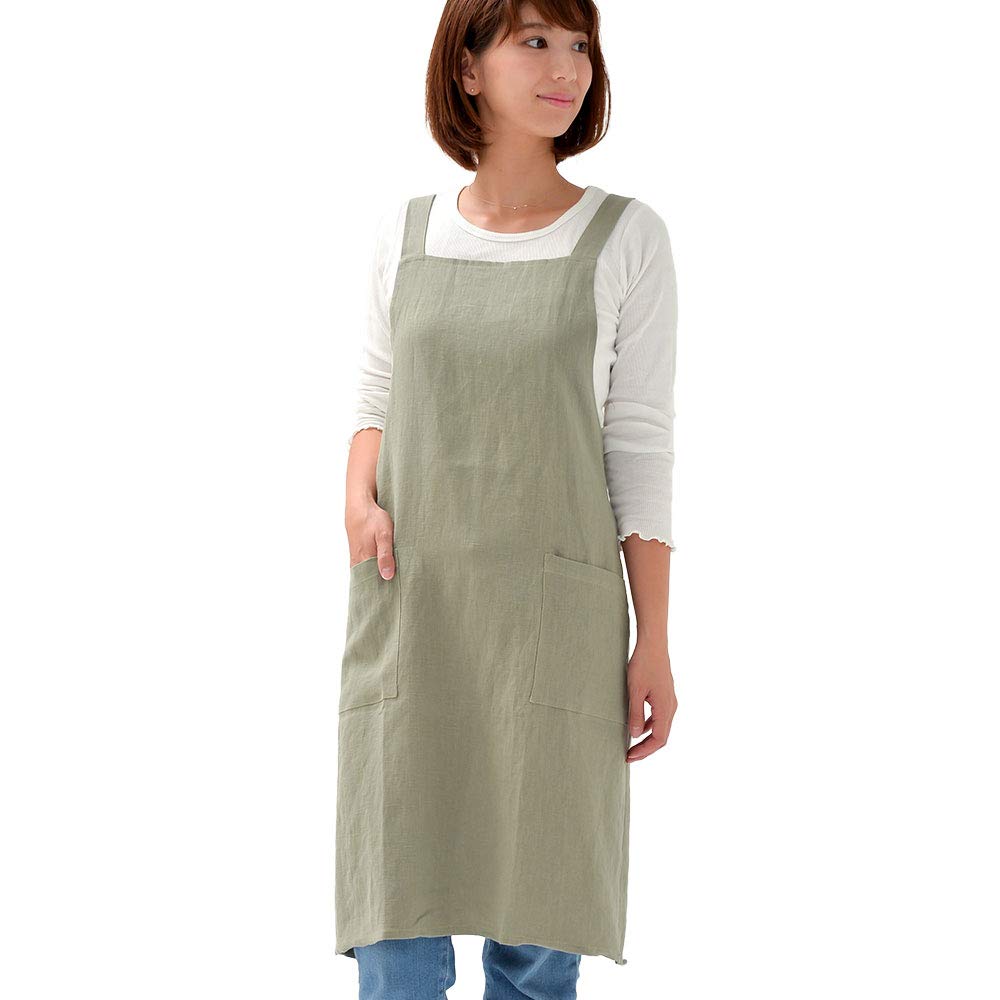 

fabrizm Japanese Kitchen Knee Back Soft Grayish Apron, Length, Cross, Linen, Green, 1554-gr