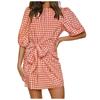 Women's Fashion Plaid Drawstring Waistband Indented Seventh Sleeve Dress