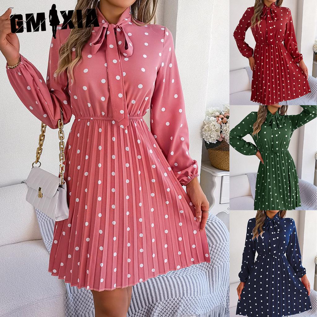 GMXIA Autumn and Winter Stylish Polka Dot Tie Waist-cinching Long-sleeved Pleated Skirt Women's Wear