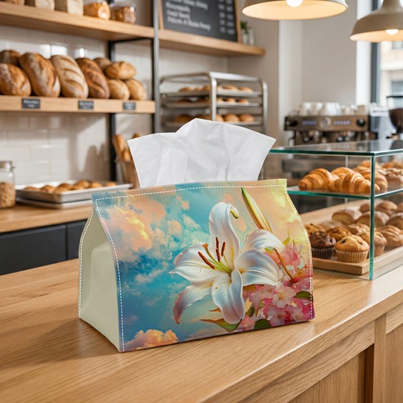 1pc Stylish Aesthetic Floral Tissue Holder Featuring White Lily Design with Sky Pastel Fabric for Napkin Storage, Suitable for Kitchen, Car, And As a