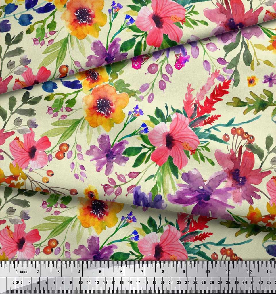 Soimoi Japan Crepe Satin Fabric Flower & Leaves Watercolor Decor Fabric Printed metre 42 Inch