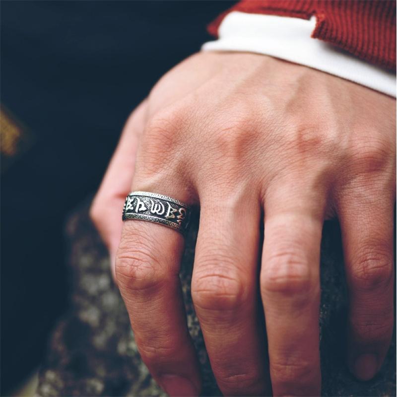 925 Sølv Ring Mannlig Finger Tilbehør Personlighet Retro Buddhistisk Skrift Mantra Om Mani Padme Hum Ring For Menn Justerbar