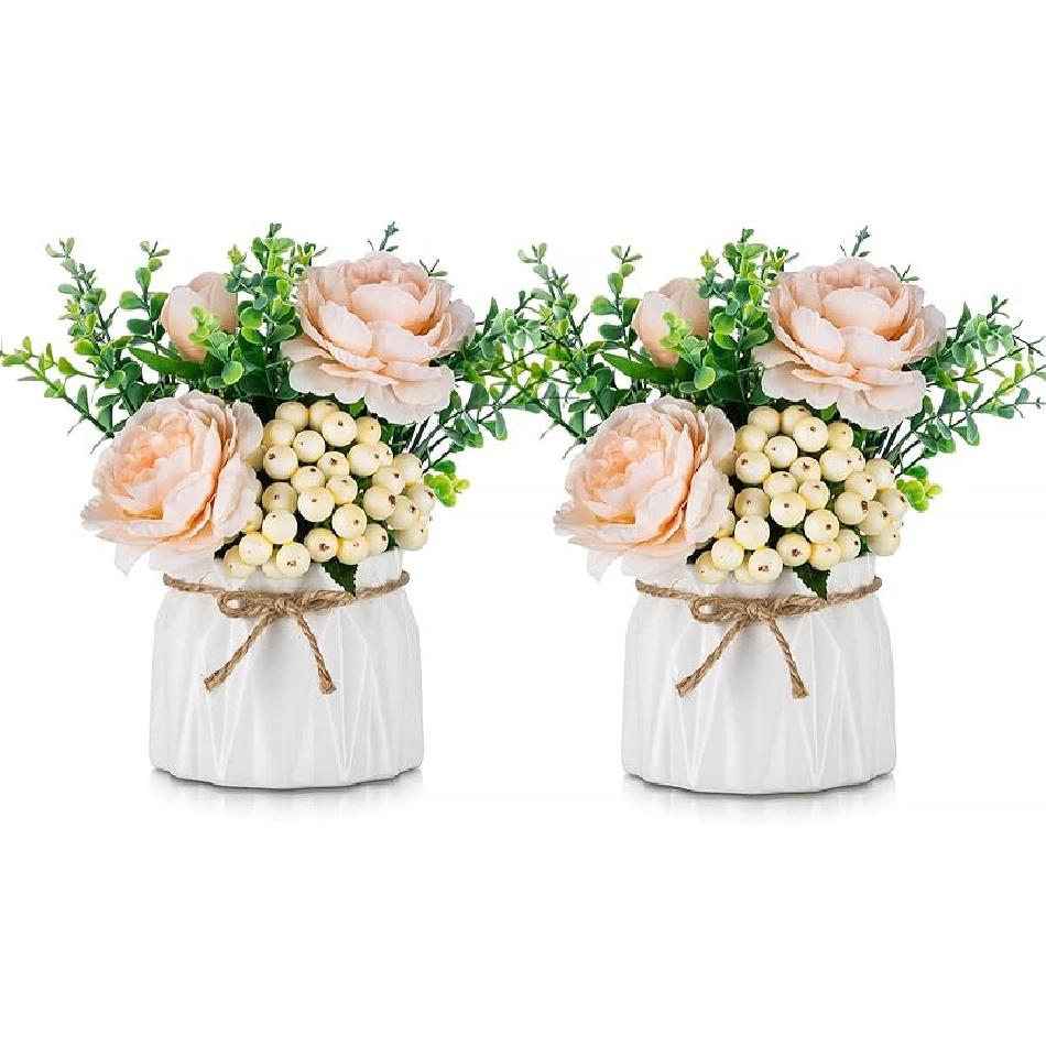 BLOSMON Small Artificial Flowers in Vase 4 Pcs Fake Flowers Centerpieces for Dinning Table Floral Arrangements with Vases Bathroom Accessories Office