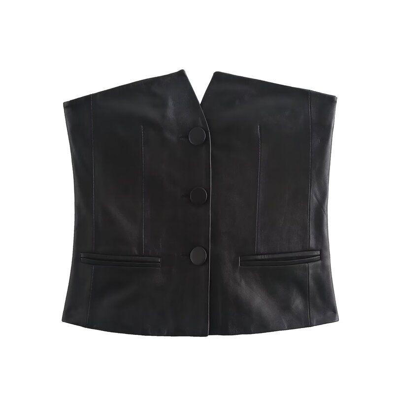 Fashion Style 2024 Fall and Winter New Women's Volleyball Ornament Tube Top Leather Slim Fit Sleeveless Top 39202333920233