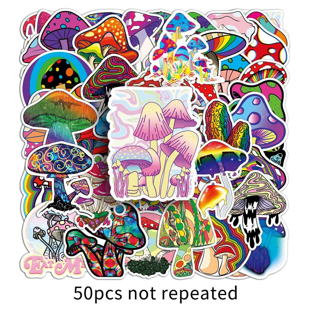 50PCS Colorful Mushroom Cartoon Stickers—Waterproof, Ideal for Suitcase, Scooter, Computer, Tablet, Water Bottle Decoration