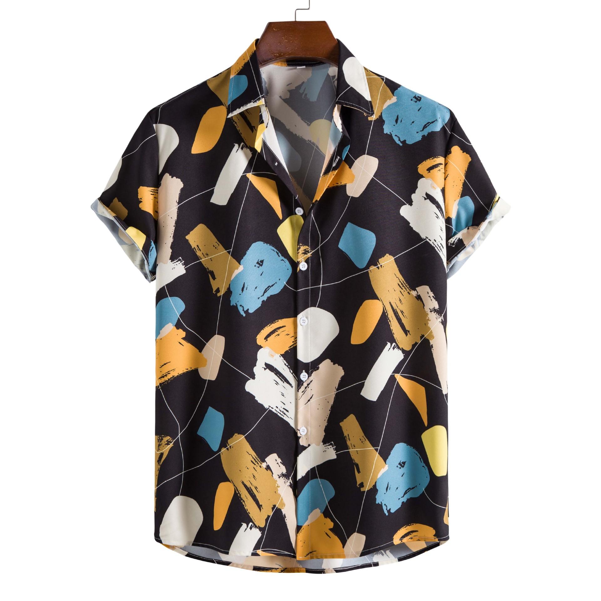 

Men s Short Sleeve Casual Shirt with Abstract Geometric Print, Roll-Up Sleeves, Button-Up Design XXL