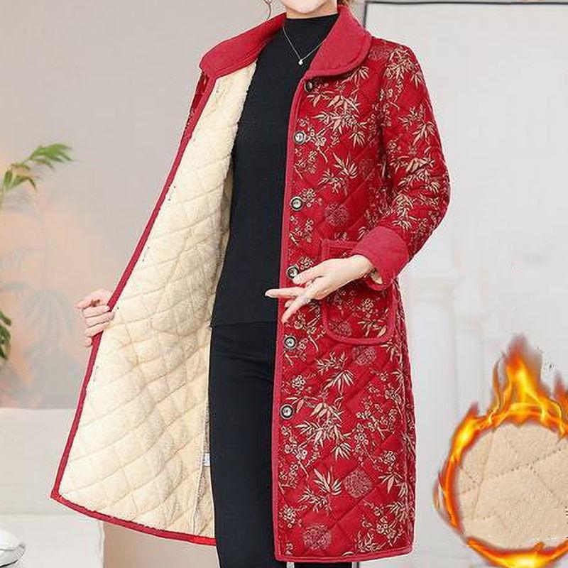 

Женская зимняя дизайнерская теплая куртка с цветочным принтом для матерей среднего и пожилого возраста, толстая флисовая куртка средней длины 5XL красный