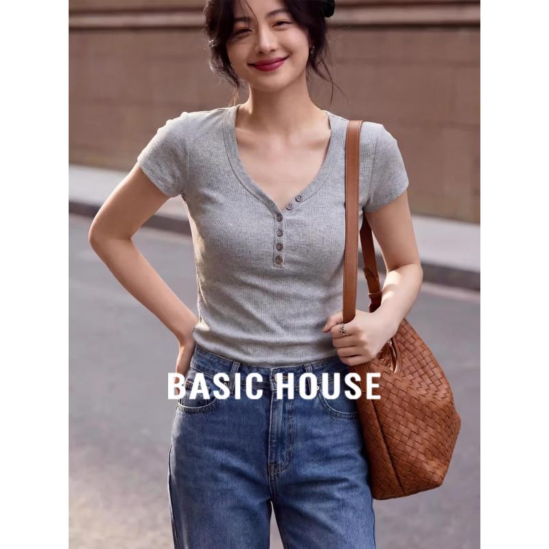 Basic House Women s V-neck Slim Fit Cotton T-shirt L