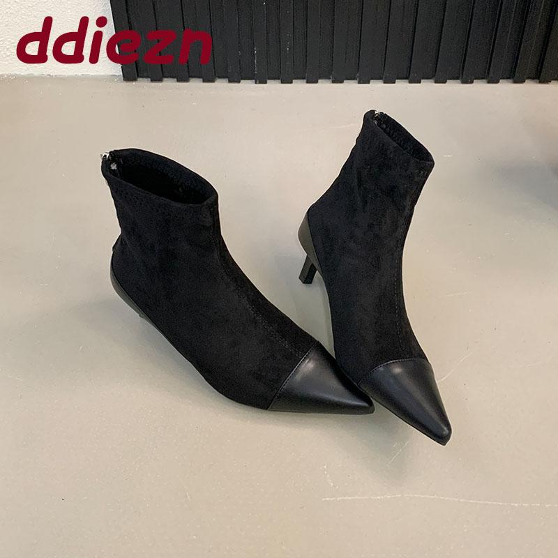 Flock Women Short Boots With Low Heel Shoes Pointed Toe Modern Ladies Ankle Boots Female Zippers Shoes Pumps