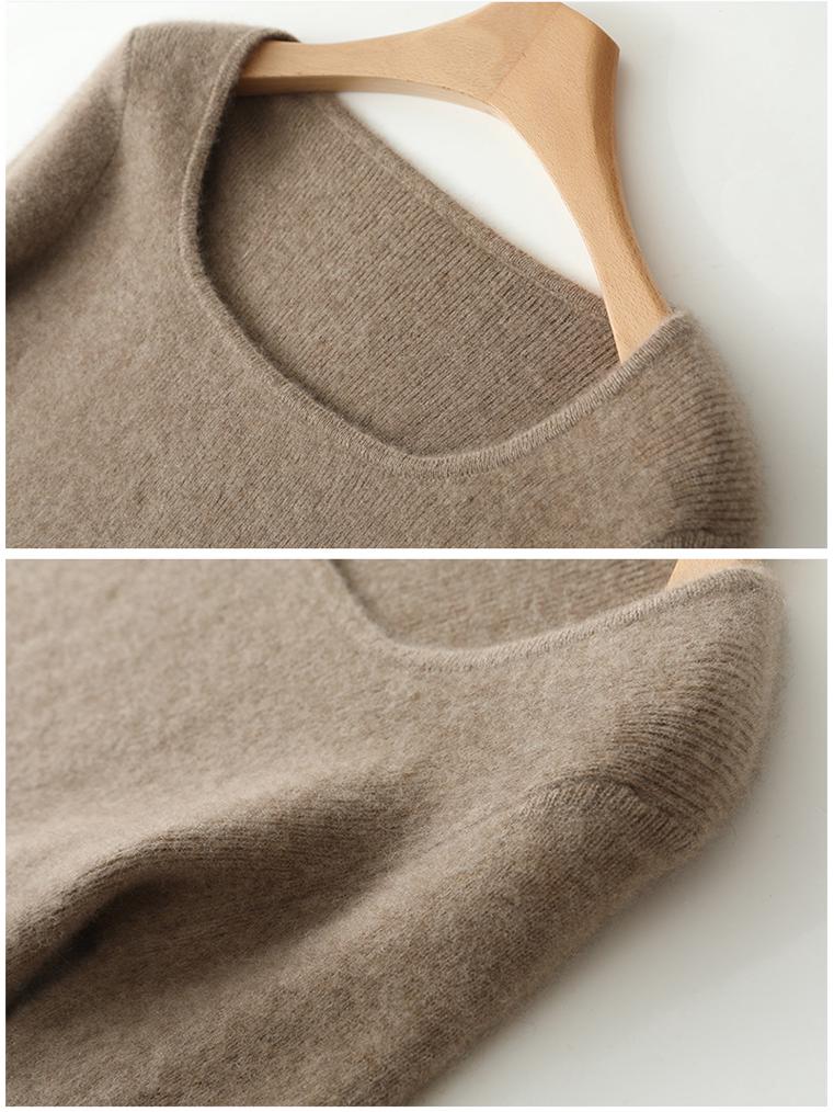 Slim Fit U-Neck Cashmere Sweater: Women's Elegant Spring/Autumn Knitwear Pullover