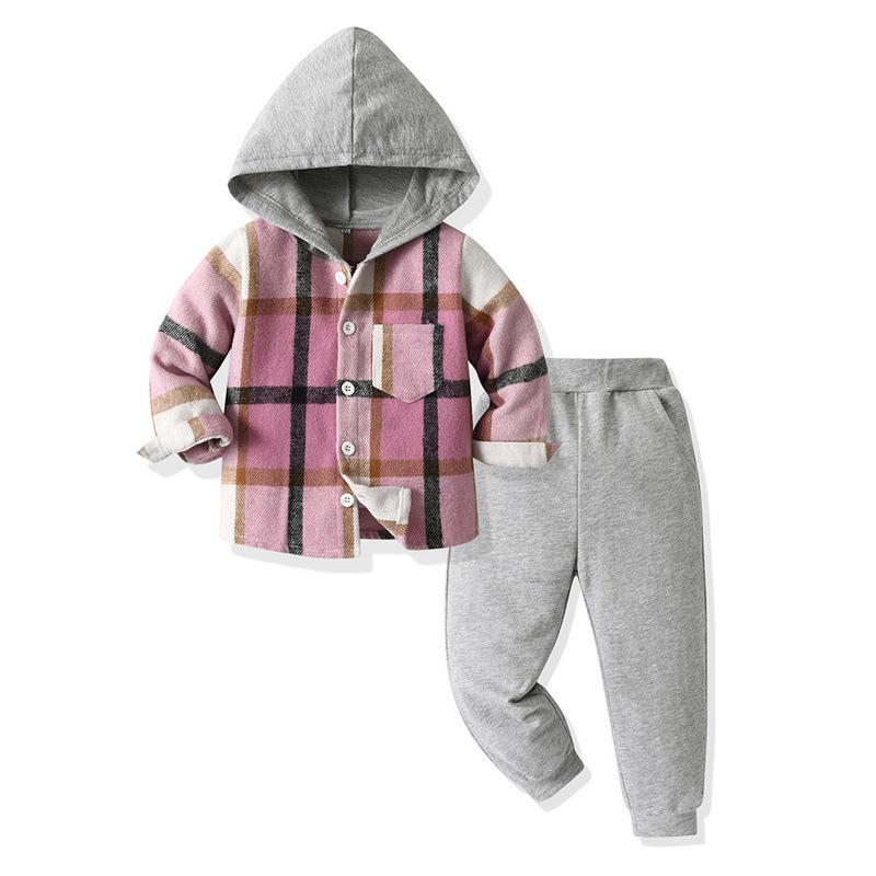 Children's Single-breasted Hooded Long-sleeved Plaid Top and Casual Pants Two-piece Set Spring