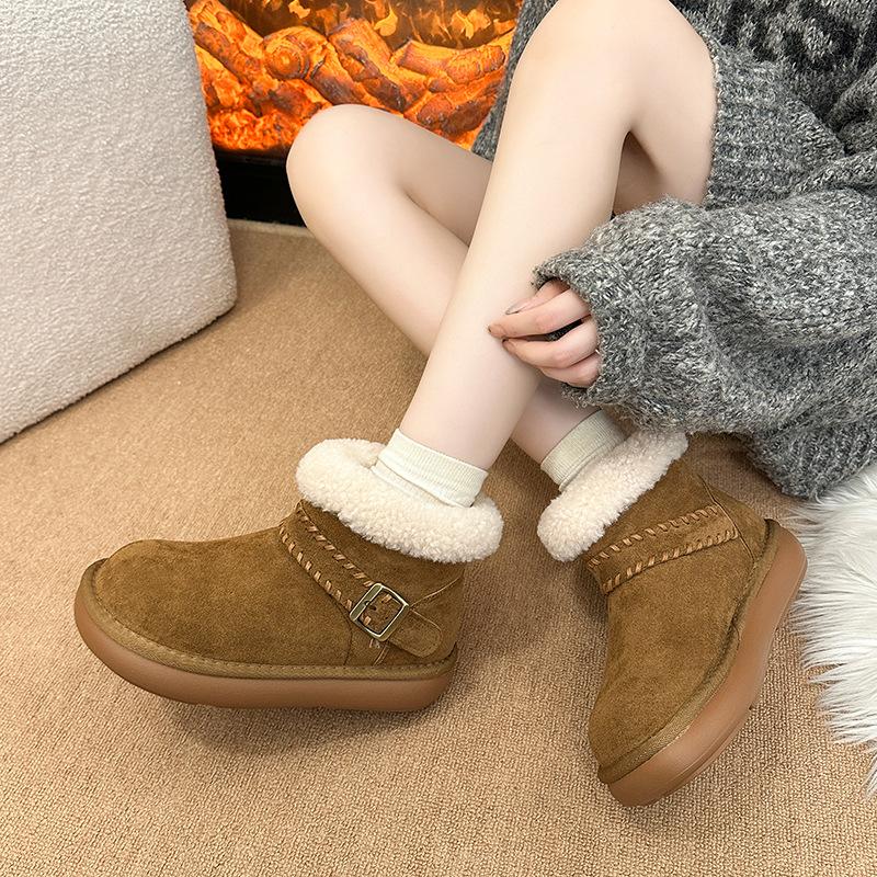 Women's Thick Bottom Winter Belt Buckle Fur One Foot Stirrup Lightweight Warm Anti Cold Padded Snow Boots Non-slip Wear Casual Sneakers Cotton Boots