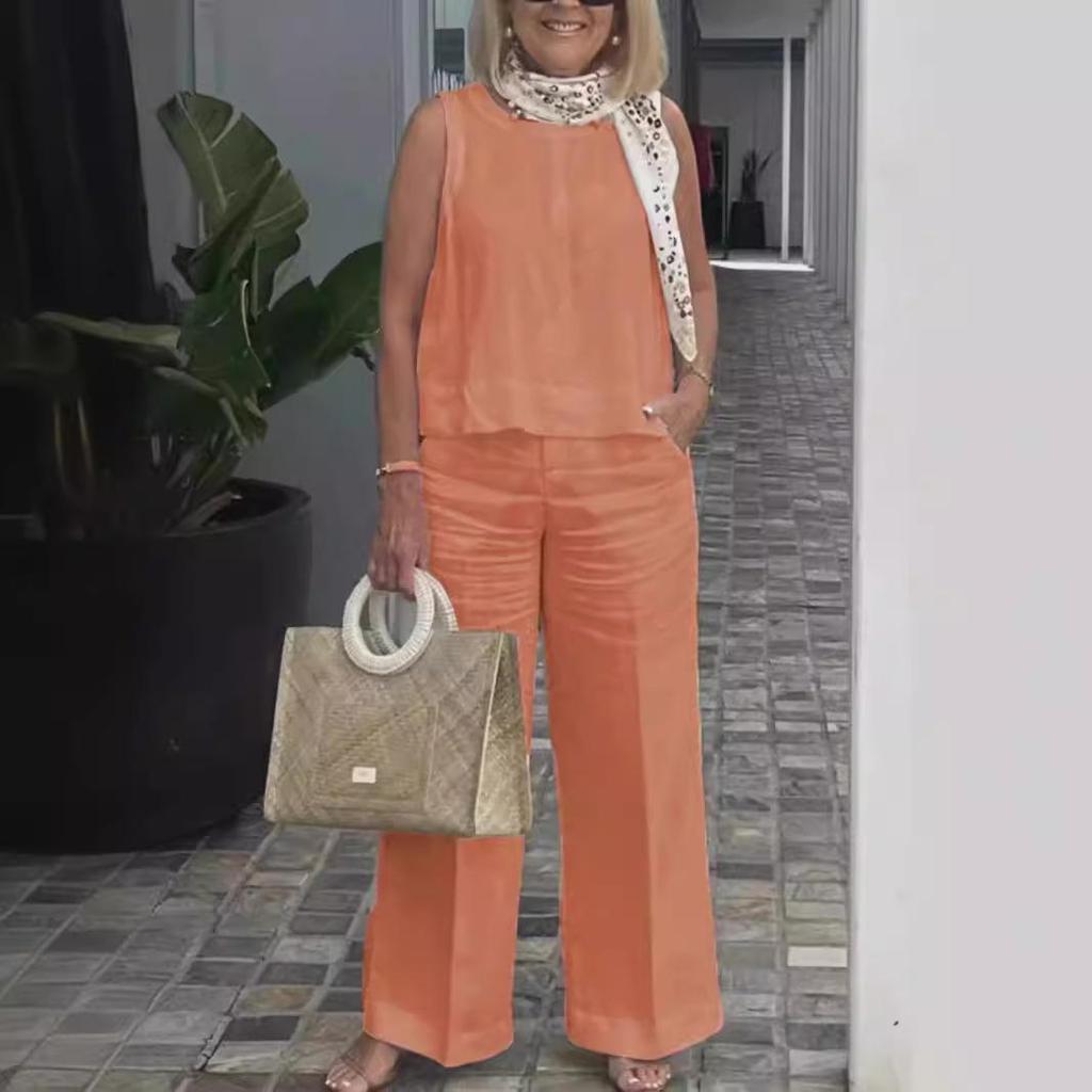 Damenanzüge Sommermode Ärmellose lockere Bluse Weitbeinige Hose Zweiteilige Sets für Damen Freizeitoutfits