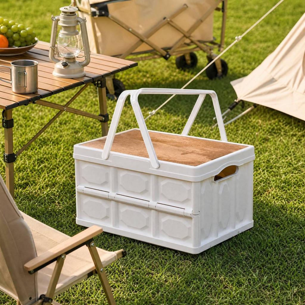 Folding Storage Box with Wood-Look Tabletop Compact Portable