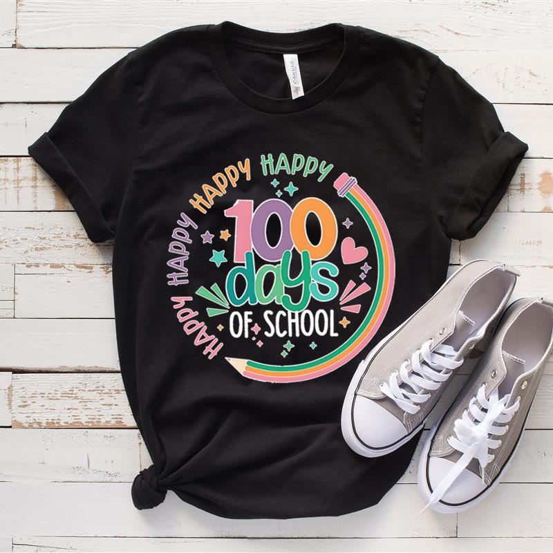 Women's Top 100 Days of School Printed High Street Trendy Fashion Casual Cotton T-Shirts Women’s