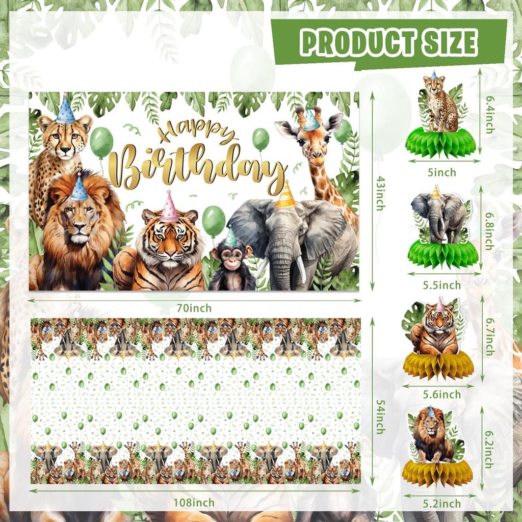 Mpanwen Safari Jungle Birthday Party Decorations, 125 Pcs Safari Zoo Animal Theme Party Supplies for Baby Boys - Backdrop, Cupcake Toppers, Palm