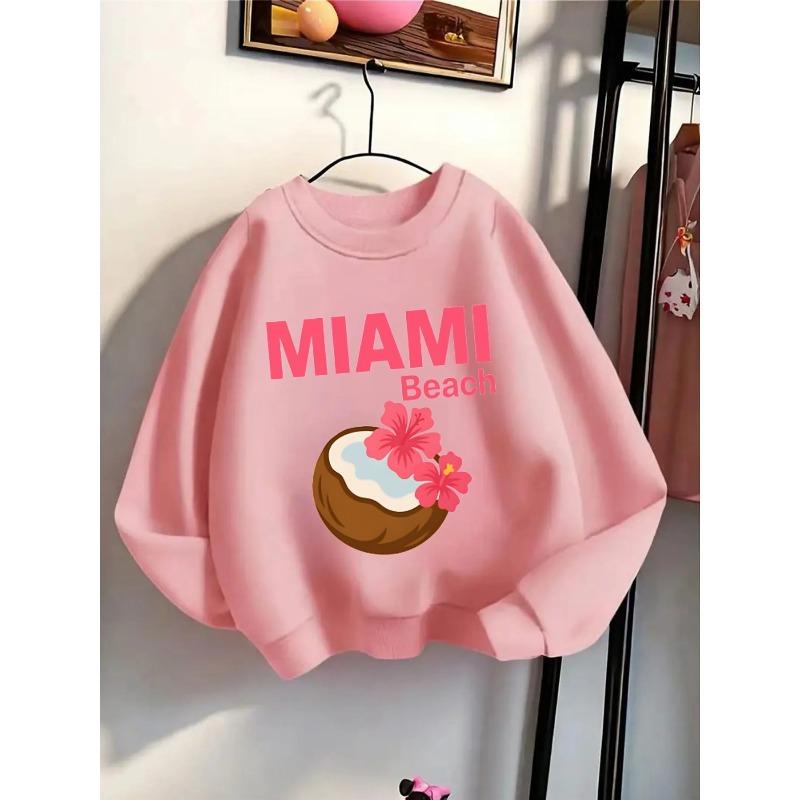 Girls' Crewneck Sweatshirt - Miami Beach Coconut Flower Drink Machine Washable, Spring And Autumn