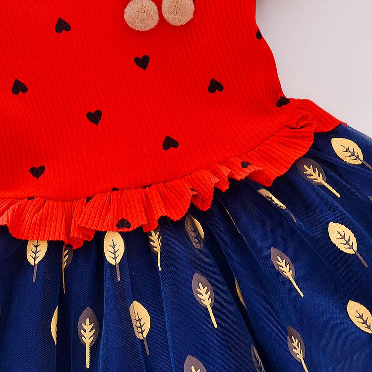 Summer Baby Girls Dress Heart Leaves Applique Patchwork Sundress with Ruffle Hem for Toddlers 1-3 Years