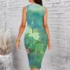 Women Plus Size Crew Neck Sleeveless Midi Dress Dark Navy Background Dusty Red Rose Full Print Bodycon Dress