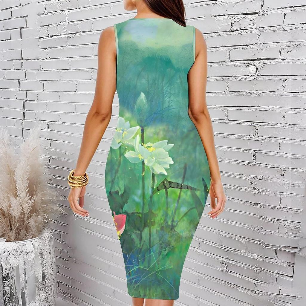 Women Plus Size Crew Neck Sleeveless Midi Dress Dark Navy Background Dusty Red Rose Full Print Bodycon Dress
