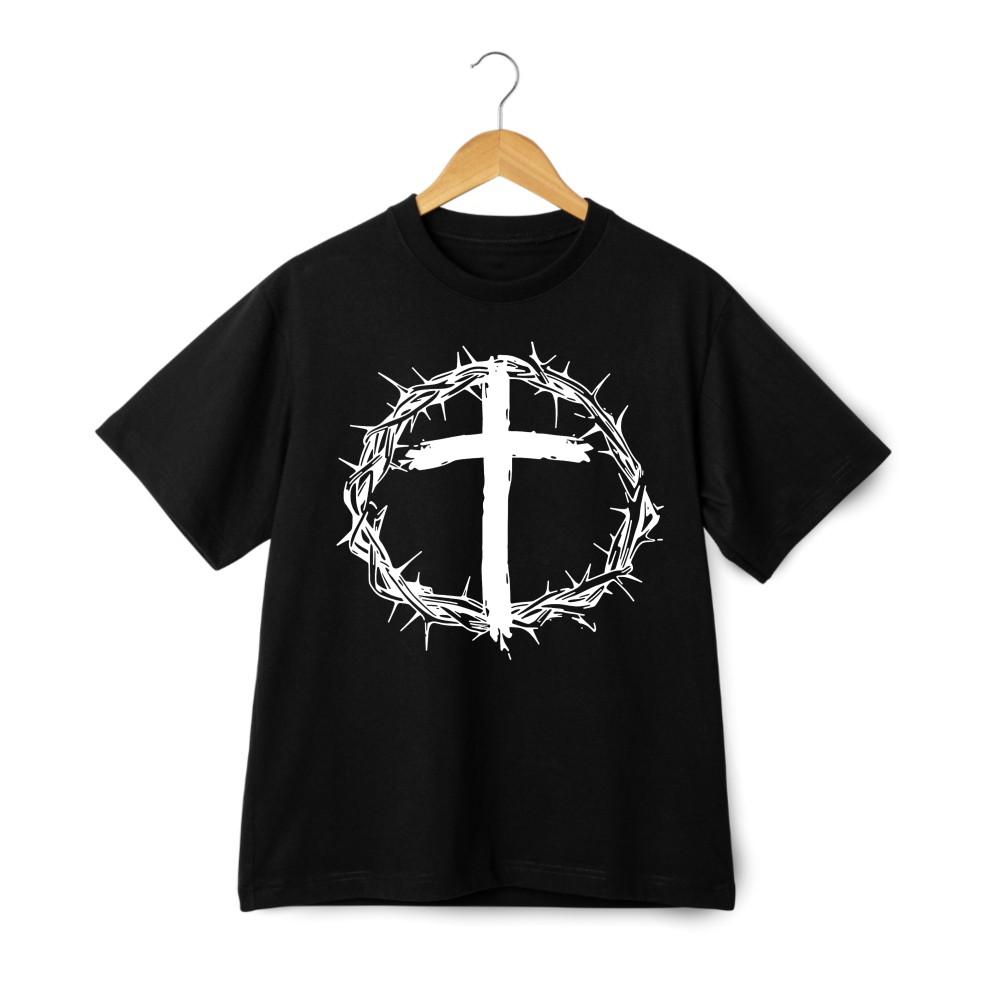 Unisex Washed T-Shirt Gothic Cross Crown of Thorns Edgy Christian Casual Tee S