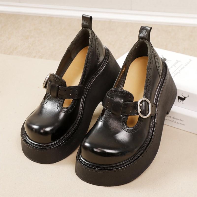 Johnature Retro Thick Soled Pumps Genuine Leather Wedges Shoes Round Toe Versatile Women's Platform Shoes