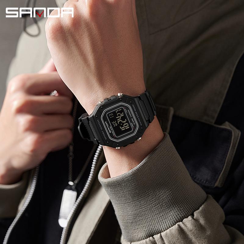 Sanda Teen & Men Multifunctional Waterproof Fashion Square Alarm Clock Watch