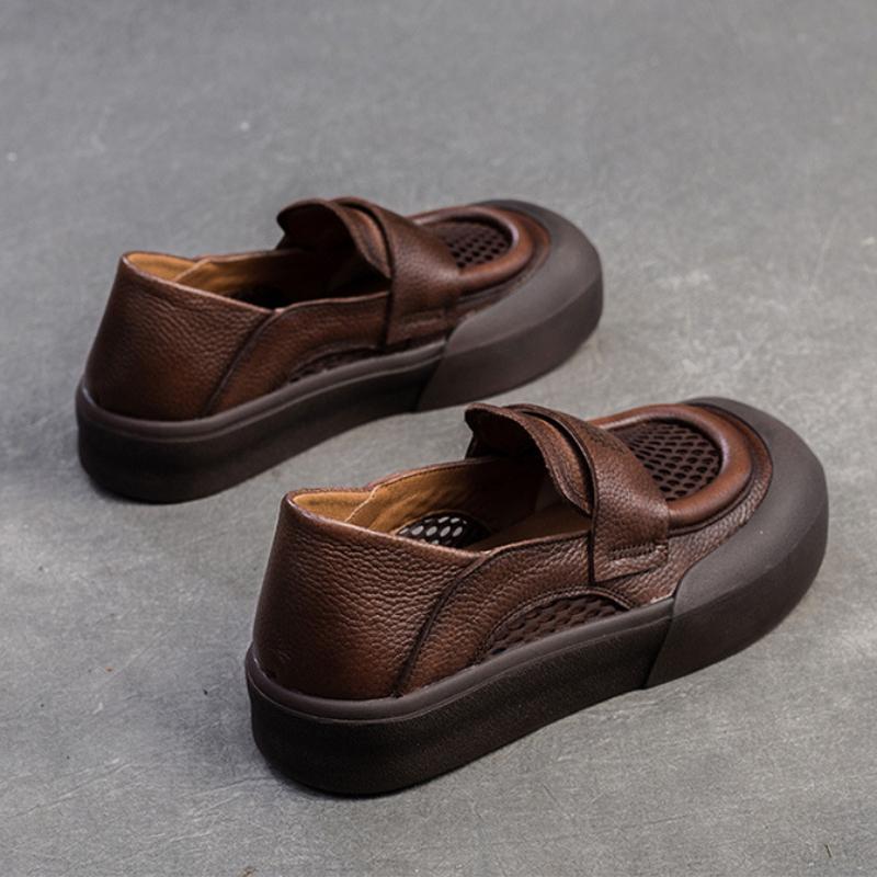 Johnature Versatile Breathable Mesh Flat Shoes Retro Genuine Leather Comfortable Sandals Women's Slip-on Shoes