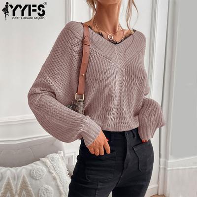 Pulls à manches longues et col en V pour femmes, mode décontractée, automne hiver, couleur unie, imprimé