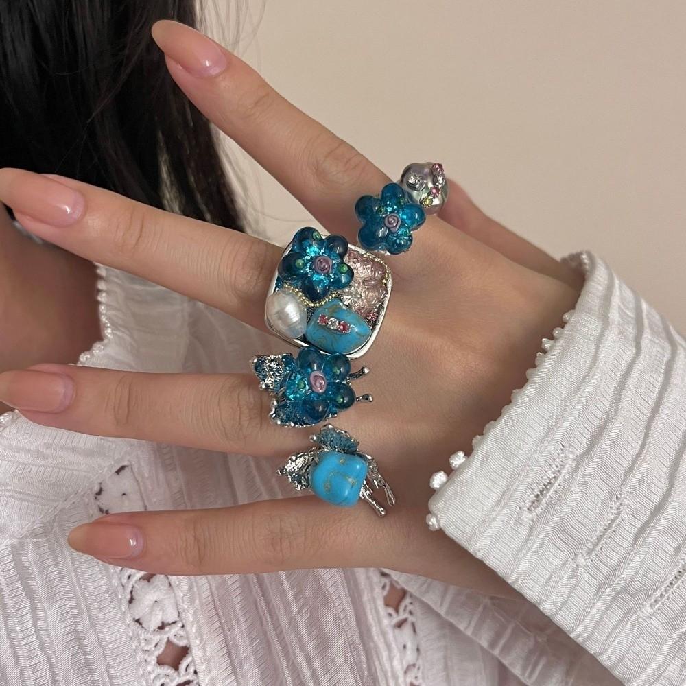 Stackable Glass Flower Ring Rhinestone Western Geometric Ring Fashion Turquoise Rings  Jewelry