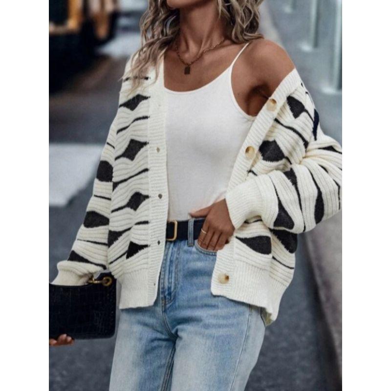 Autumn and Winter New European and American Fashion V-neck Single-Breasted Stripe Loose Knit Cardigan Long Sleeve Sweater Outerwear Bottoming Shirt