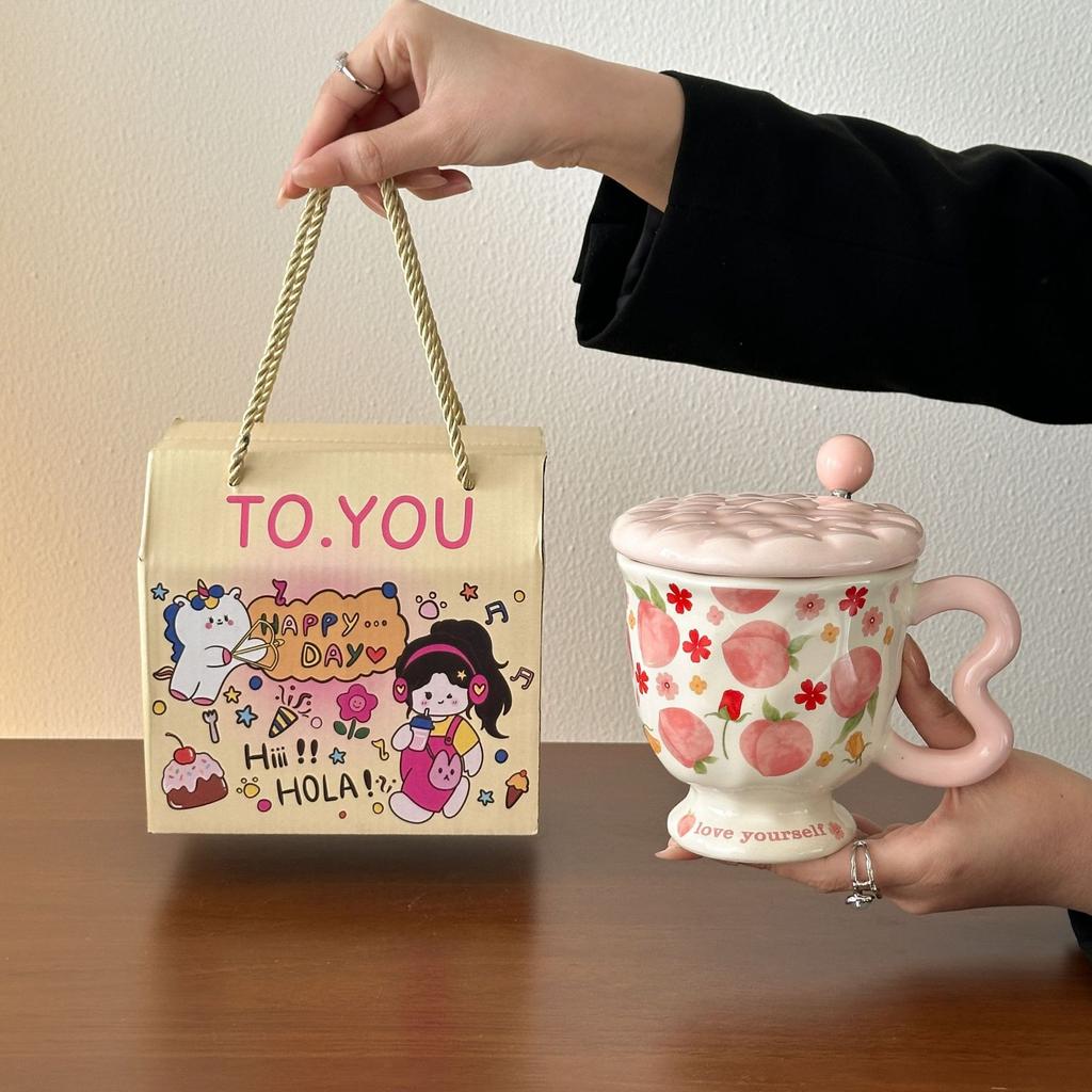 Creative Fruit Ceramic Mug With Lid Spoon Girls Home Cup Office Breakfast Coffee Water Cup High Value