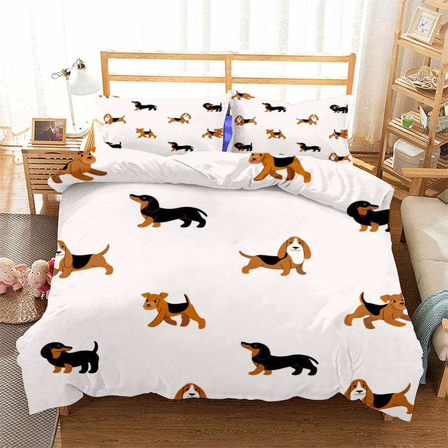 3D Digital Printing Three-Piece Set Cute Funny Dachshund Quilt Cover Pillowcase Bedding