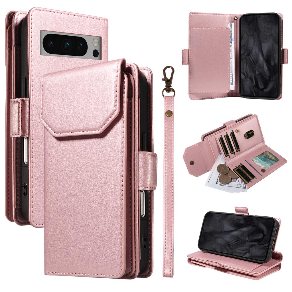 For Google Pixel 8 Pro Case with Multi-Card Holder and Strap PU Leather Phone Cover Stand