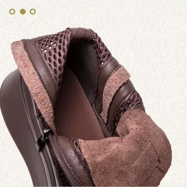 Johnature Retro Breathable Mesh Hollow Out Boots Genuine Leather Women's Flat Platform Shoes
