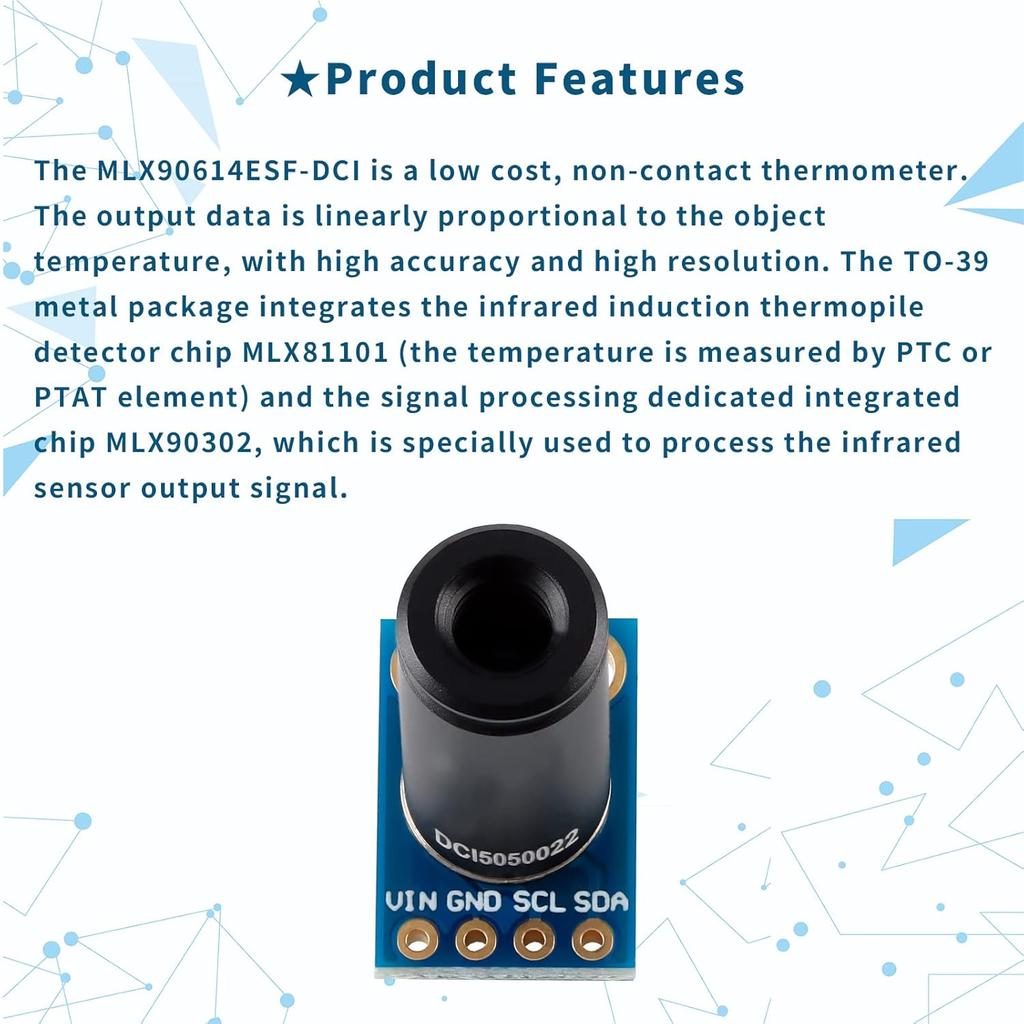 MLX90614ESF-DCI Non-Contact Infrared Temperature Sensor Module High Precision Infrared Temperature Sensor Module Long Distance 50cm Serial Port IIC