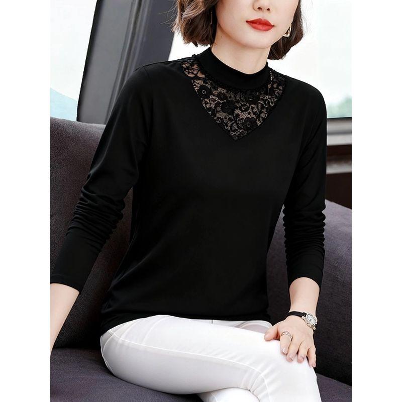 Pure Cotton Half-Turtleneck Lace Base Shirt for Women, New Spring, Autumn, and Winter Style, Fleece-Lined Long-Sleeve Slim-Fit Inner Top, Trendy