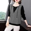 Women's Spring/Fall Hooded Patchwork Oversized Striped Top Elegant Mid-Age Mom T-Shirt