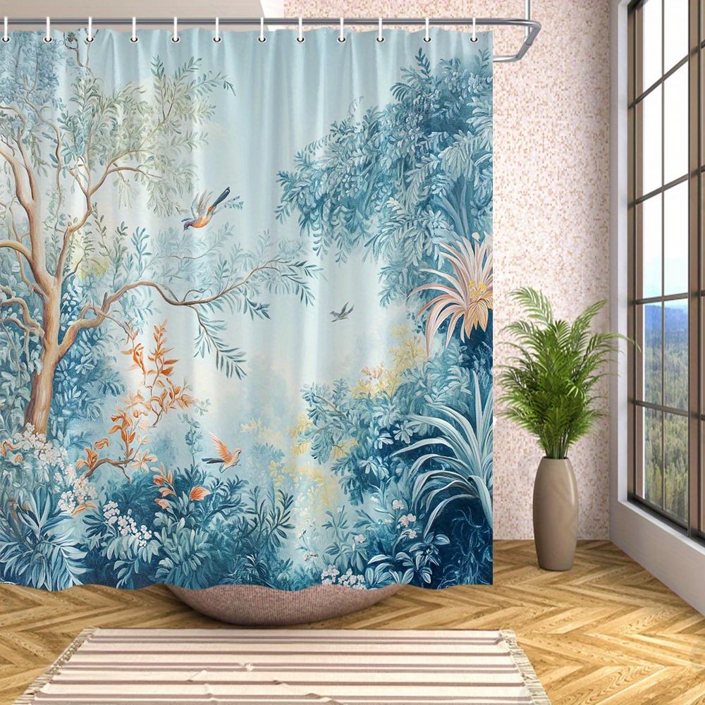"[Easycare] Tropical Forest Shower Curtain - Lush Greenery, Orange & Yellow Flowers, Gnarled Tree, Birds, Polyester