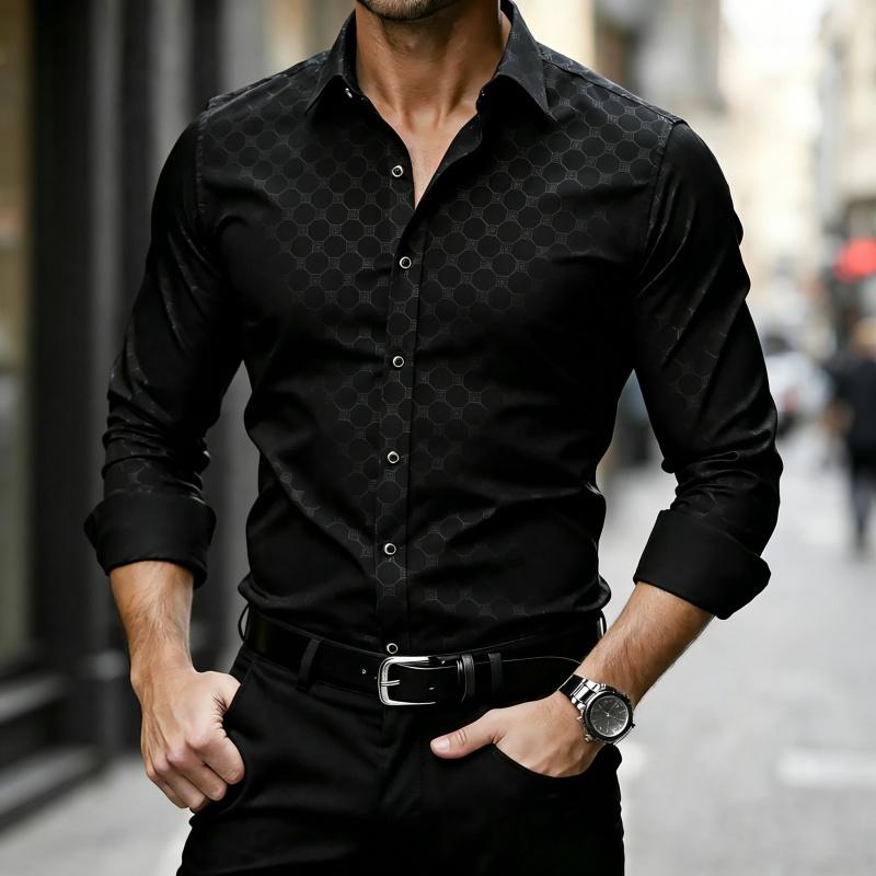 Men's Shirt Wine Red Dark Patterned Long Sleeved Shirt Fashionable Design Slim Fit Business Wedding Casual Long Sleeved Cardigan
