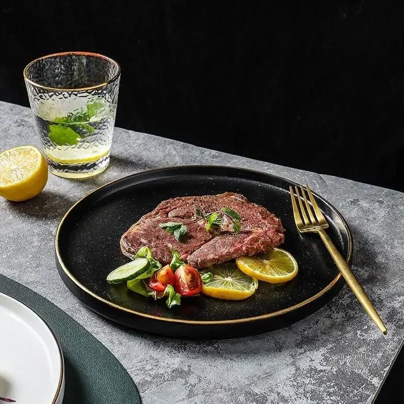 Flat Ceramic Western Dish Household 8-inch Black Non Slip Steak Plate Restaurant Commercial White Circular Pasta Tableware
