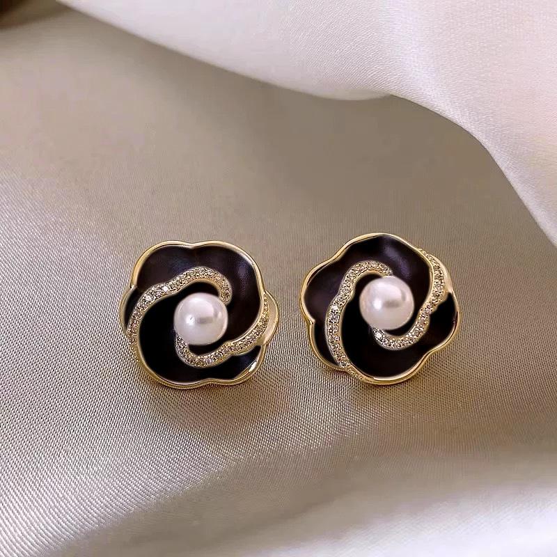 Elegant Zircon Flower and Pearl Stud Earrings - High-End Niche Design