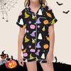 Kids Halloween Print Short Sleeve Pajama Set with Lapel Collar Top and Matching Shorts