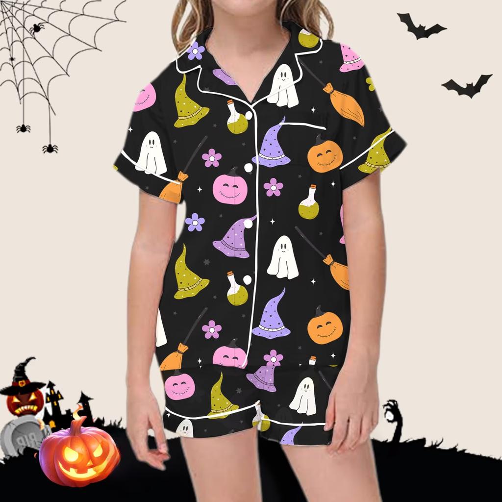 Kids Halloween Print Short Sleeve Pajama Set with Lapel Collar Top and Matching Shorts