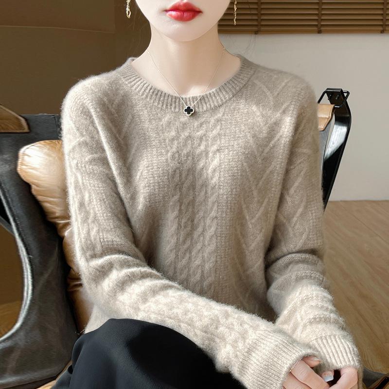 

Women s 100% Wool Cable Knit Slim Fit Sweater - Round Neck Pullover for Autumn/Winter L for 110-125 lbs